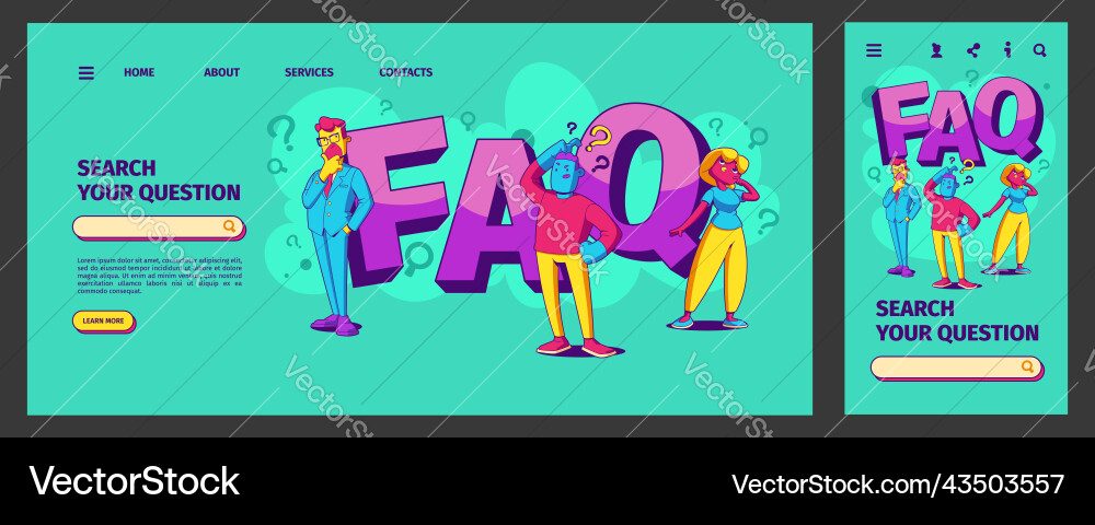 Faq landing page app ui ux mobile onboard screen Faq landing page app ui ux mobile onboard screen Vector Image