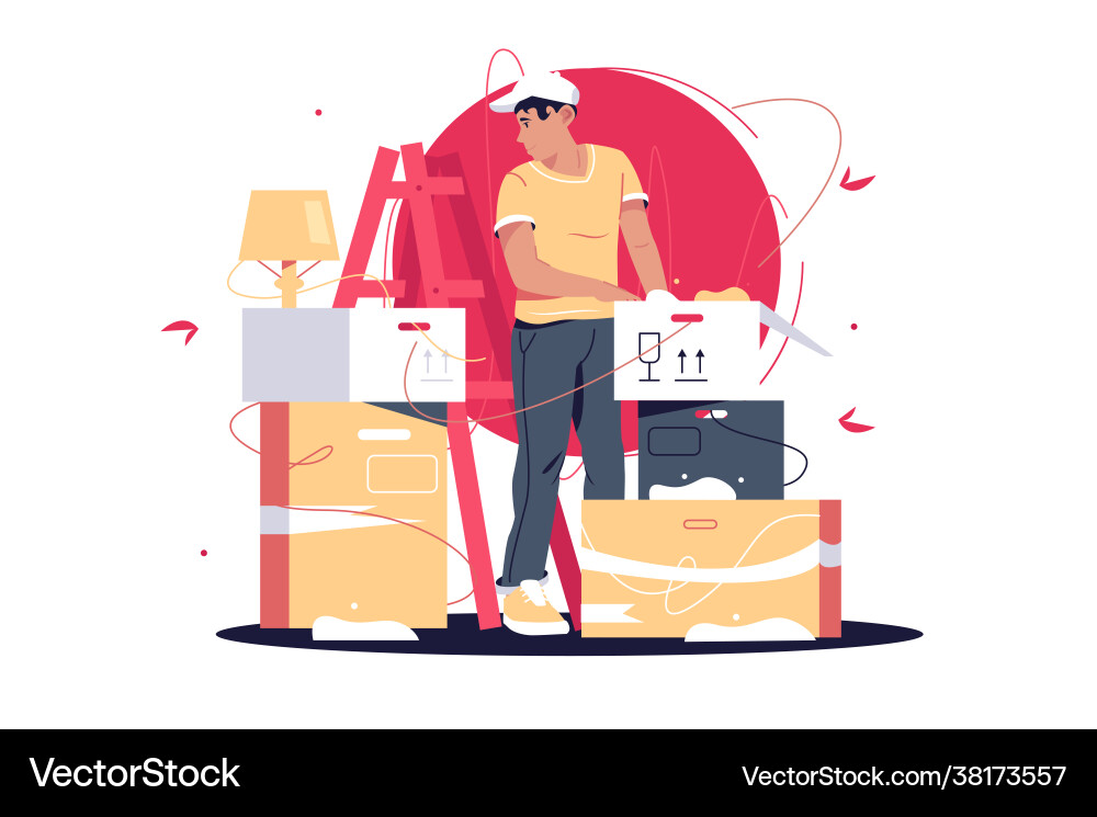 Man unpacking boxes after moving Man unpacking boxes after moving vector image