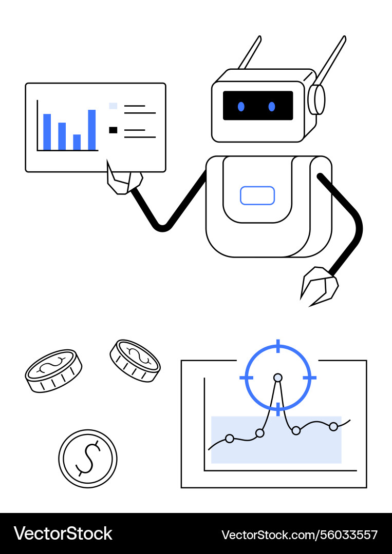 Robot analyzing data charts and coins Vector Image
