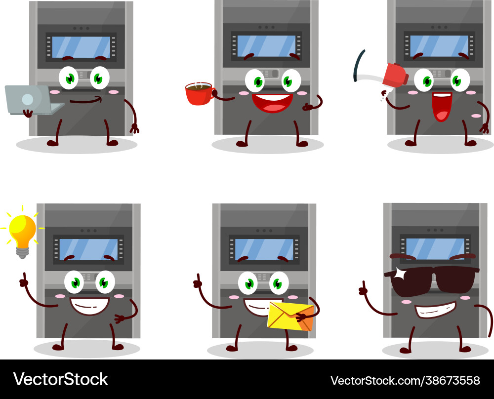 Atm machine cartoon character with various types Vector Image