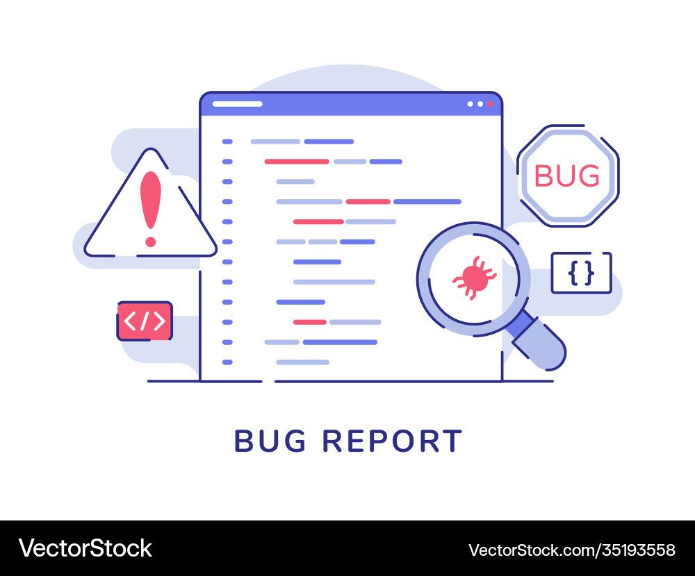 Bug report concept magnifying on program Bug report concept magnifying on program vector image