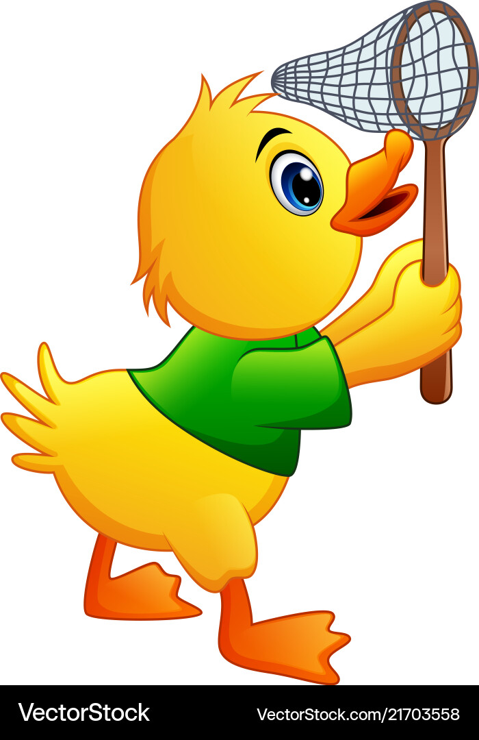 Cute little duck with a net on white background Vector Image