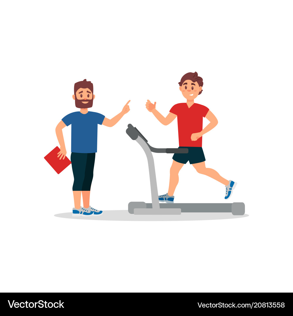Fitnesstrainer und junger Mann auf Laufband aktiv Fitnesstrainer und junger Mann auf Laufband aktiv vektorbild