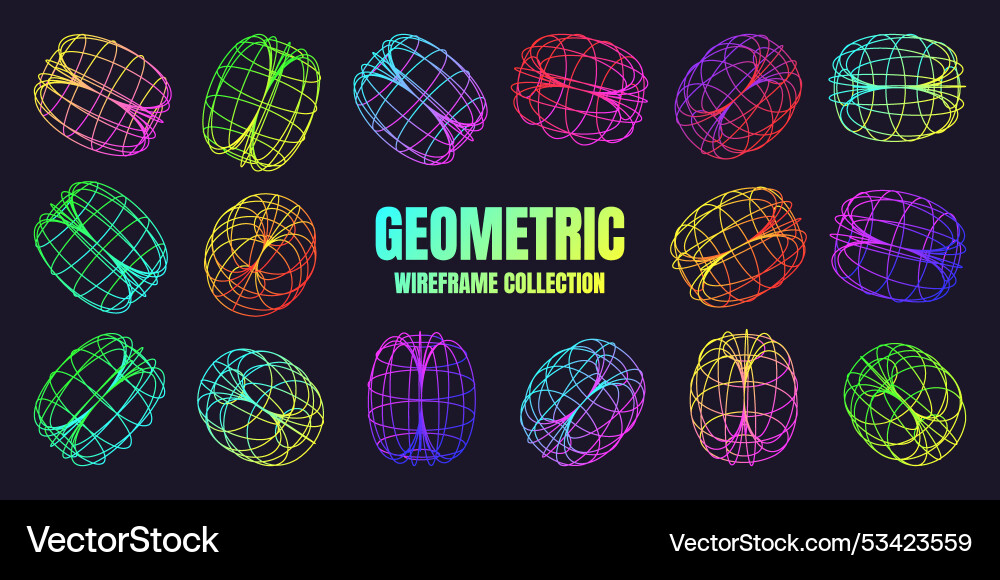 Neon lined wireframe shapes perspective mesh 3d Vector Image
