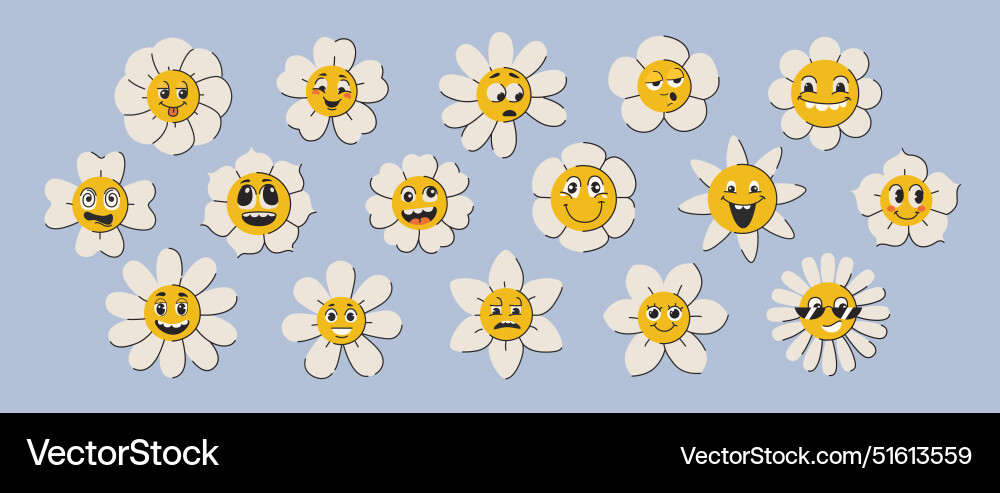 Retro groovy daisy flower faces funky chamomile Retro groovy daisy flower faces funky chamomile vector image