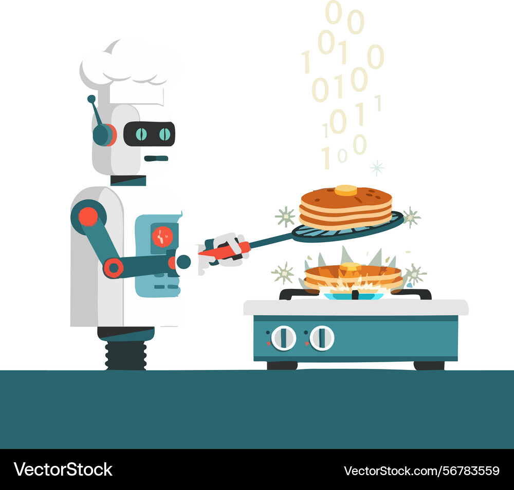 Robot cooking pancakes with binary code data Robot cooking pancakes with binary code data Vector Image