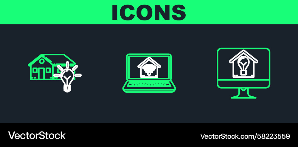 Set line computer monitor with smart house Set line computer monitor with smart house Vector Image