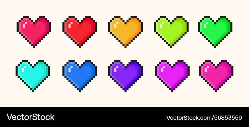 Set of colorful pixel heart icons in 8-bit Set of colorful pixel heart icons in 8-bit vector image