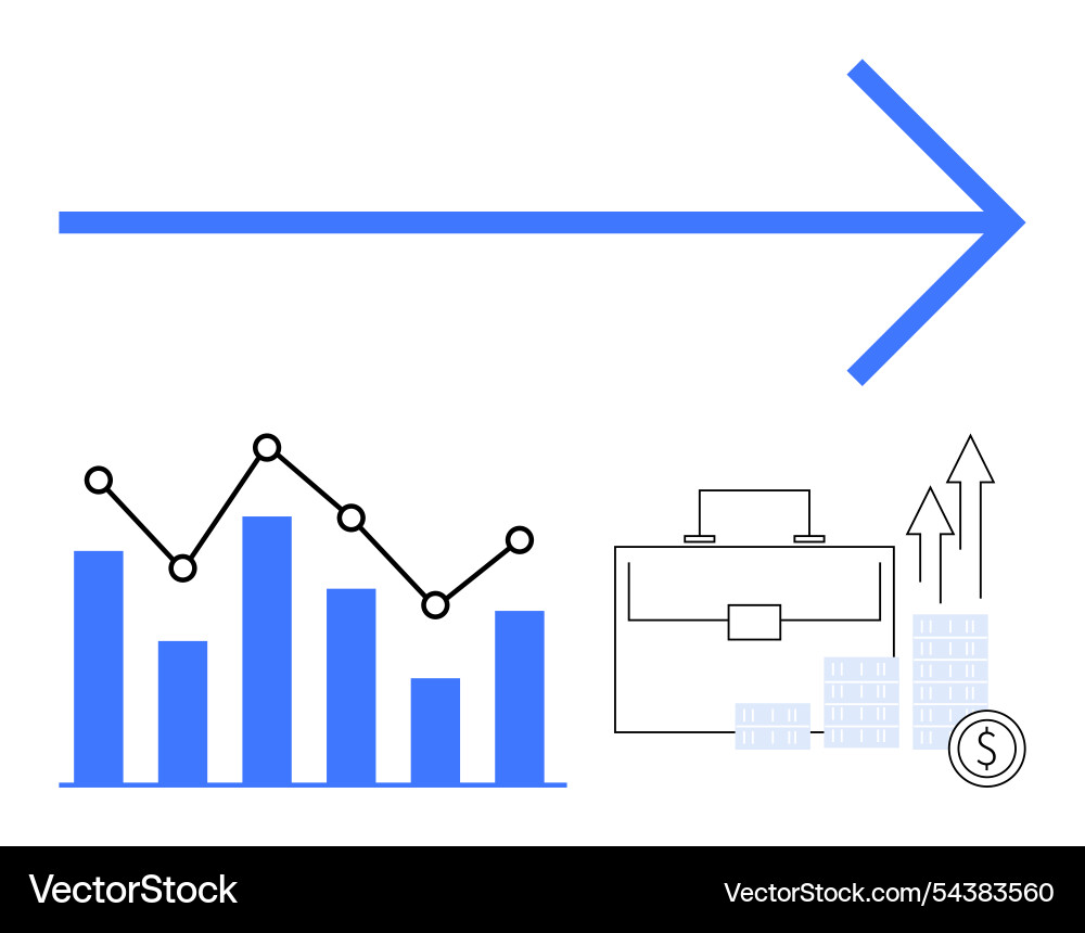 Blue upward arrow above bar chart line graph Vector Image