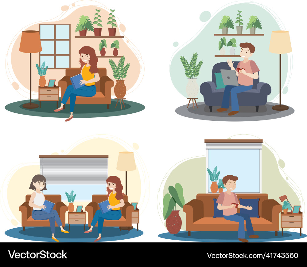 Four scenes of people working at home Four scenes of people working at home vector image