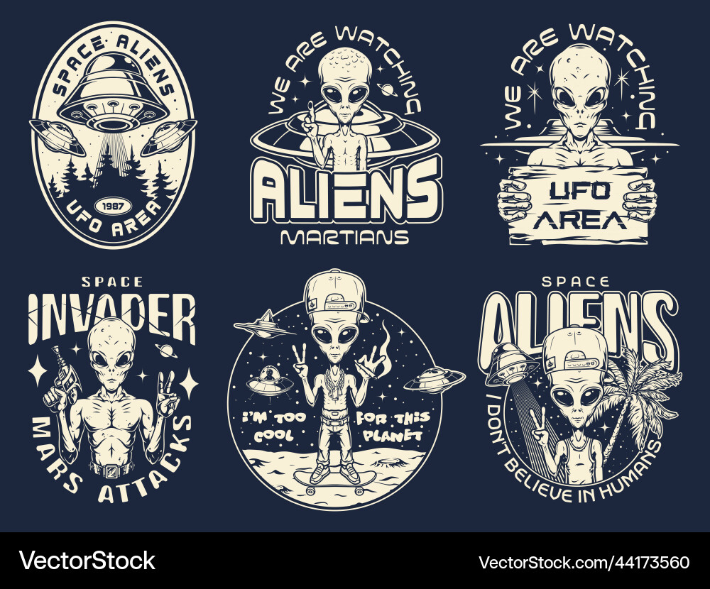 Raum ufo Set Aufkleber monochrom Raum ufo Set Aufkleber monochrom vektorbild