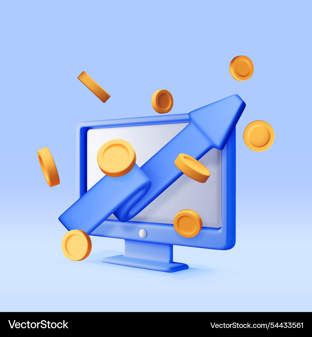 3d growth stock coin chart and arrow on computer 3d growth stock coin chart and arrow on computer vector image