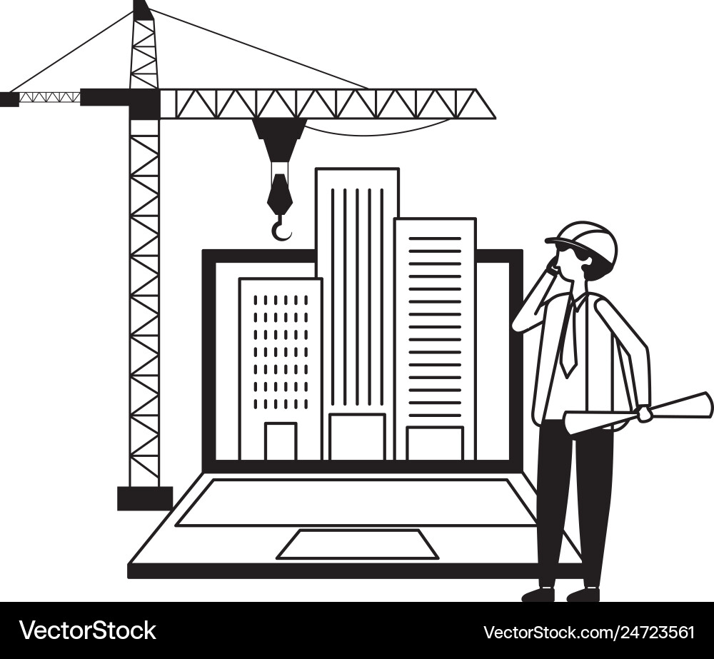 Architect with blueprints laptop buildings crane Architect with blueprints laptop buildings crane vector image