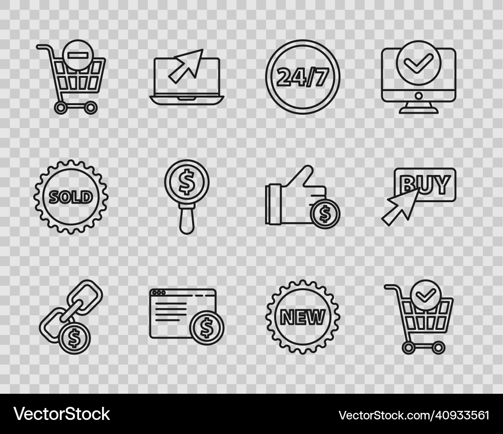 Set line chain link and coin shopping cart Set line chain link and coin shopping cart vector image