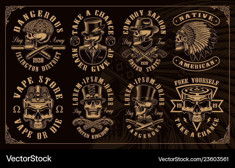 Set of vintage skulls in different styles vector image