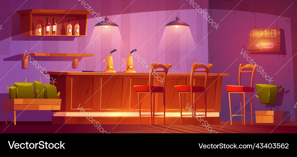 Bar with wooden counter beer pumps and bottles vector image