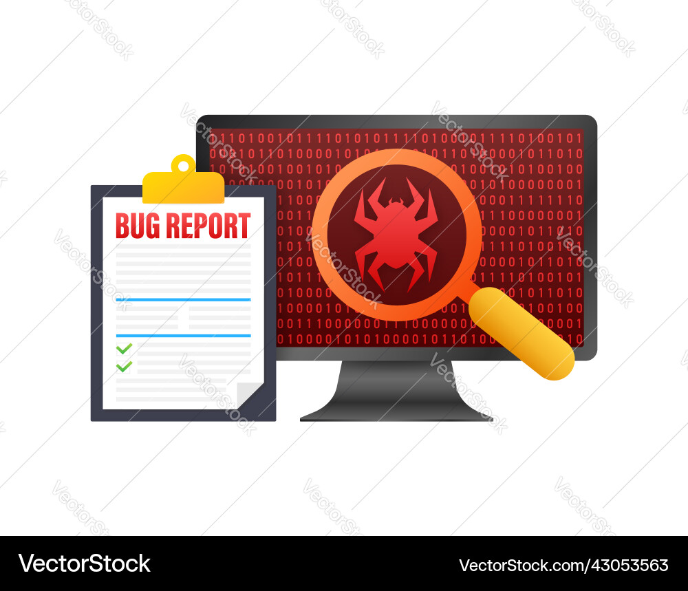 Bug report clipboard and computer magnifying Bug report clipboard and computer magnifying Vector Image