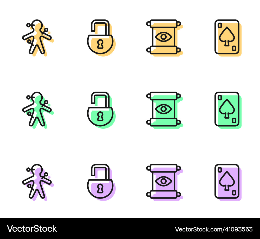 Set line magic scroll voodoo doll open padlock Set line magic scroll voodoo doll open padlock vector image