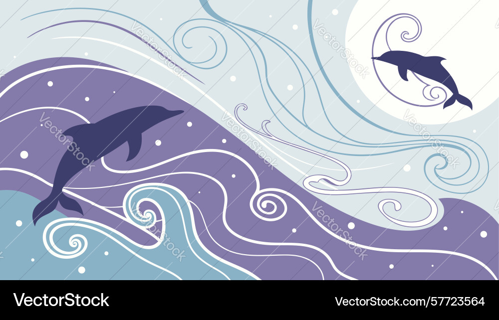 Abstract waves and dolphin dynamic design vector image