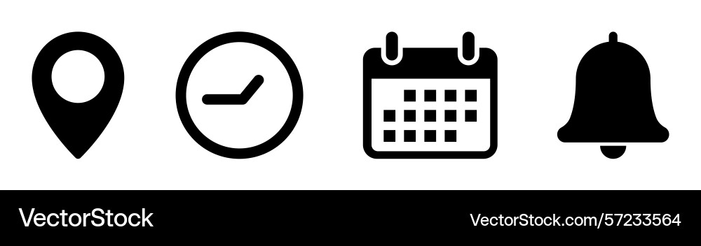 Date time address and notification bell icon set Date time address and notification bell icon set vector image