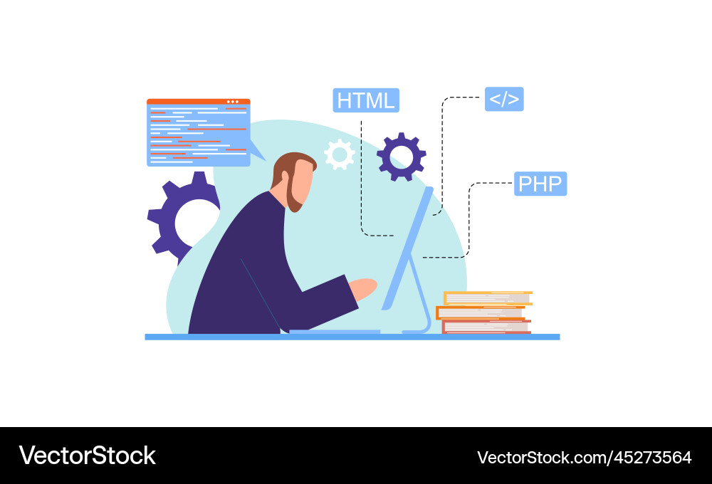 Man programmer is working on his laptop concept Man programmer is working on his laptop concept vector image