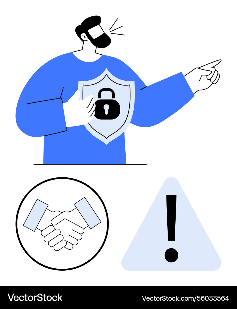 Person emphasizing security with shield and alert vector image