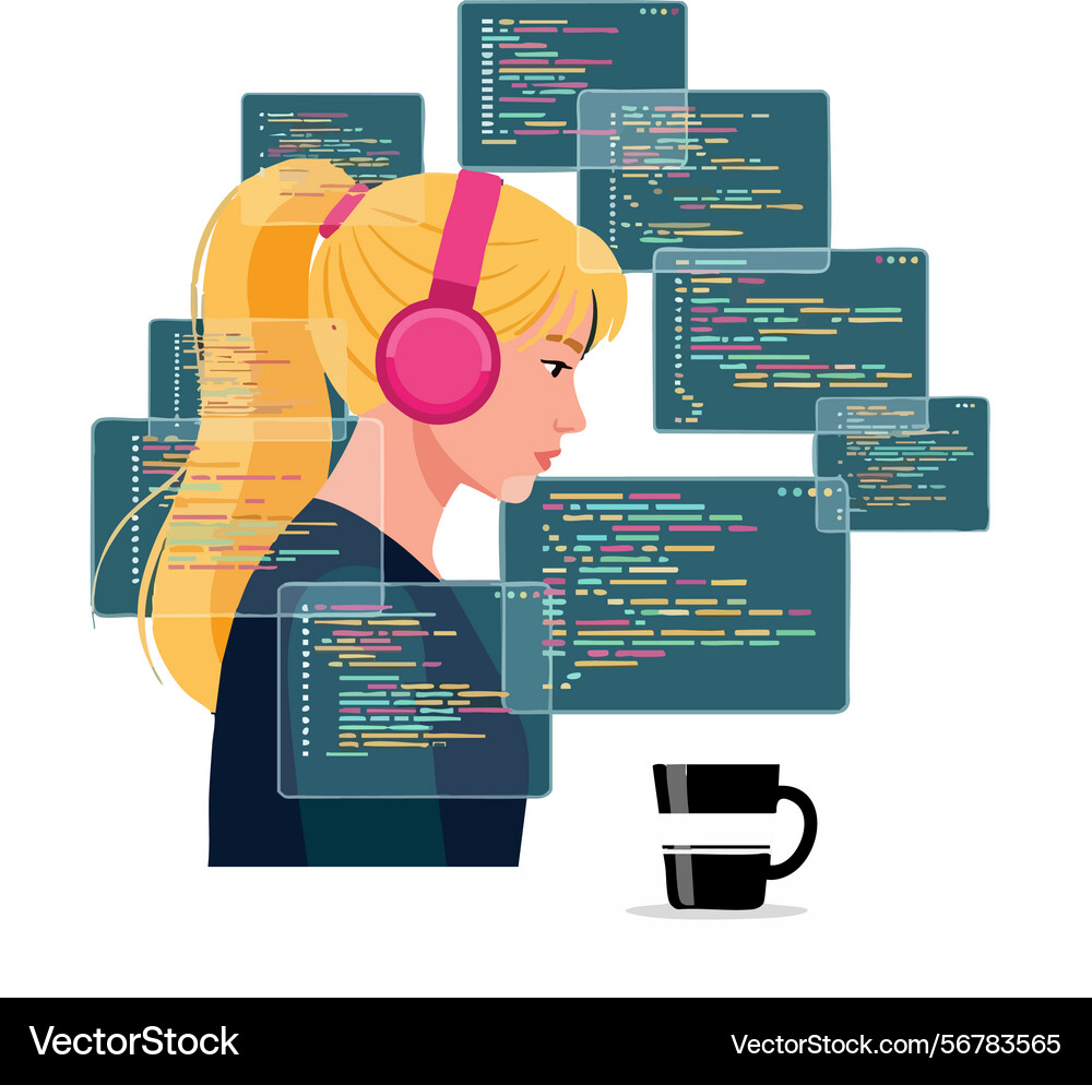 Female programmer coding software with headphones Female programmer coding software with headphones vector image