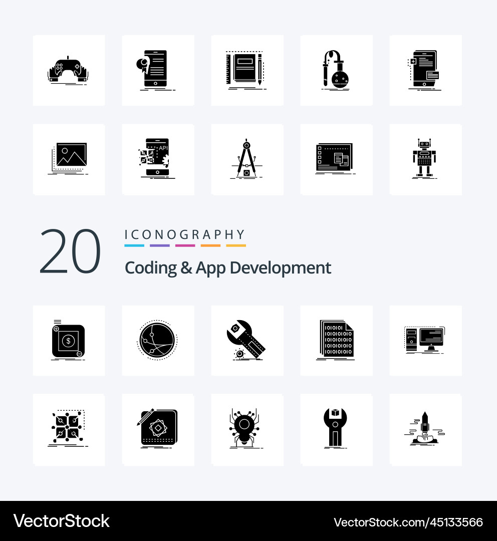 20 coding and app development solid glyph icon vector image