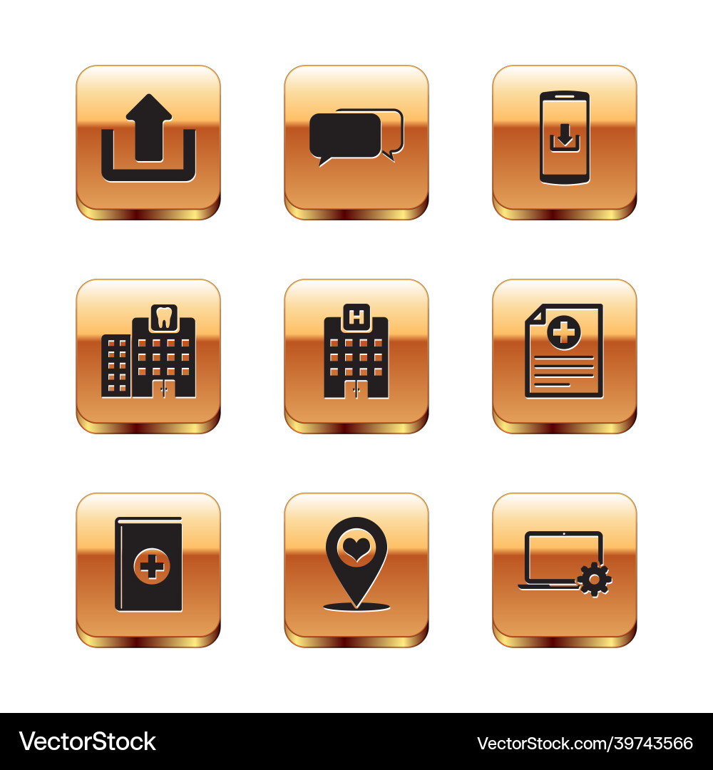 Set upload medical book map pointer with heart Set upload medical book map pointer with heart Vector Image