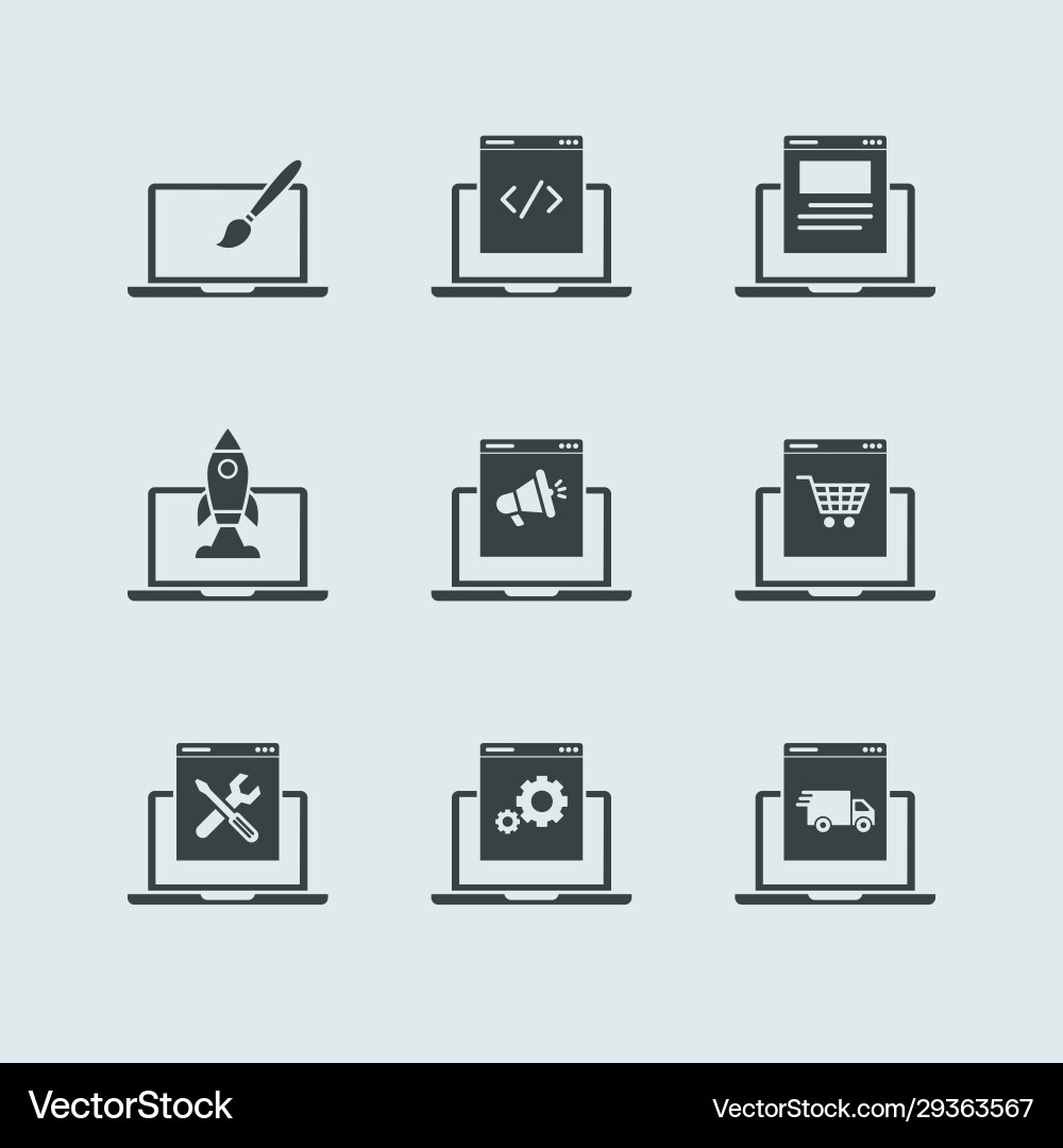 Laptop programming filled icon set Laptop programming filled icon set vector image