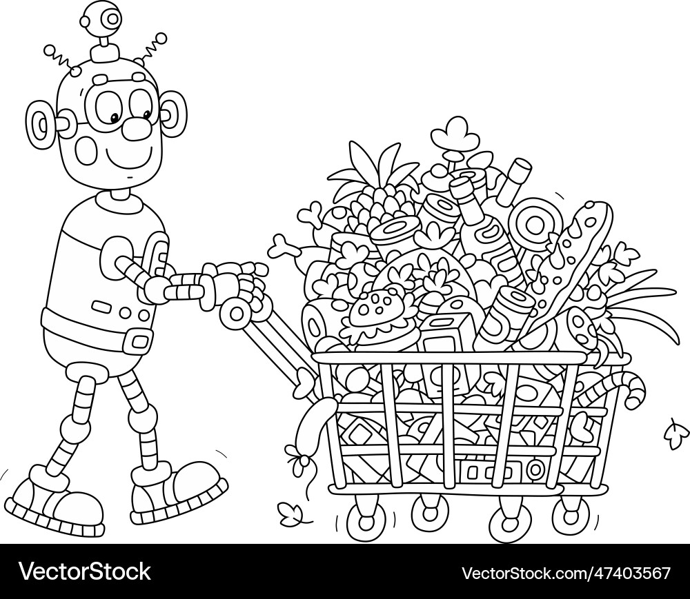 Smiling Robot with Shopping Cart vector image