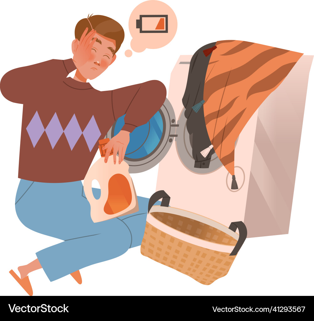 Tired exhausted man loading washing machine Tired exhausted man loading washing machine vector image