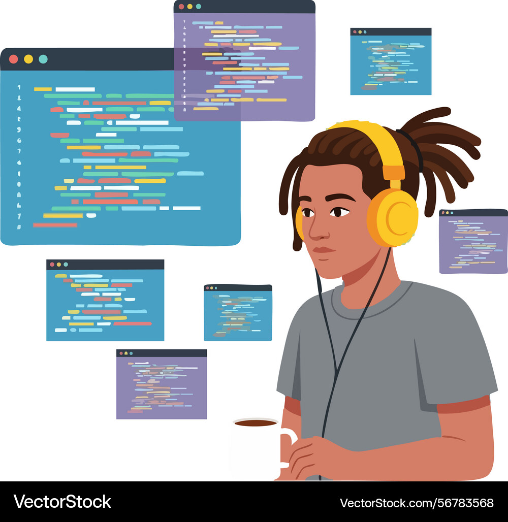 Junge Programmierer konzentrierten sich auf die Kodierung Vektorbild