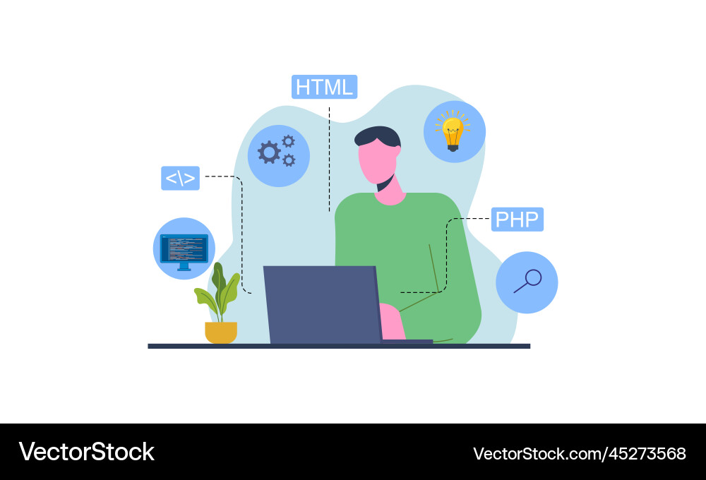 Man programmer is working on his laptop concept Man programmer is working on his laptop concept vector image