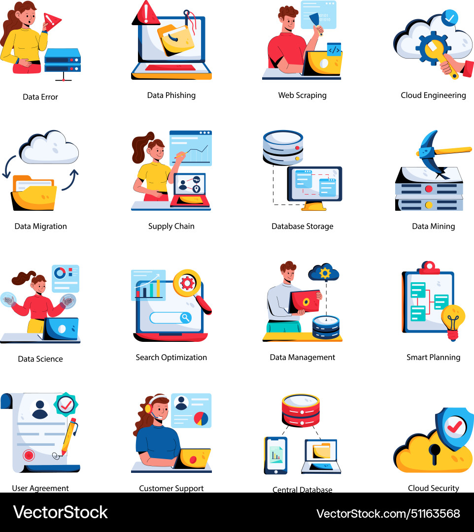 Modern flat icons depicting data handling Vector Image