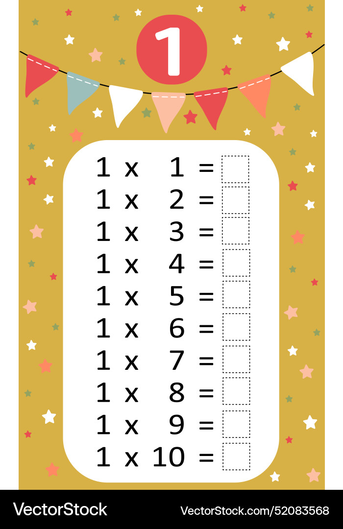 Multiplication table by 1 with a task to consolida Vector Image