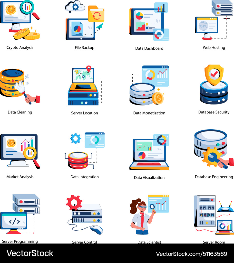 Collection of data hosting flat icons vector image