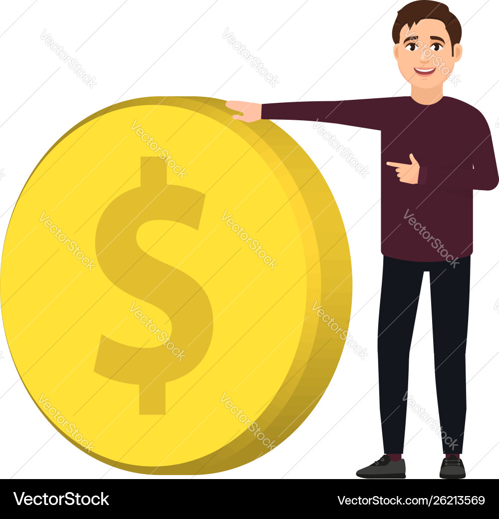 Guy holds a big golden coin and shows Guy holds a big golden coin and shows vector image