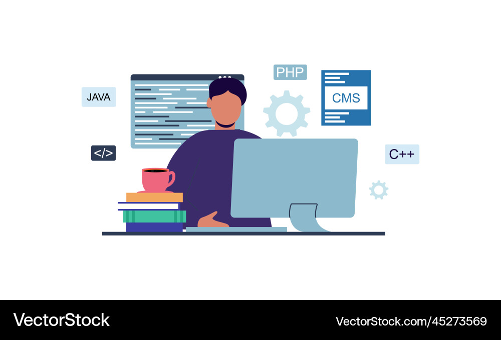 Man programmer is working on his laptop concept vector image