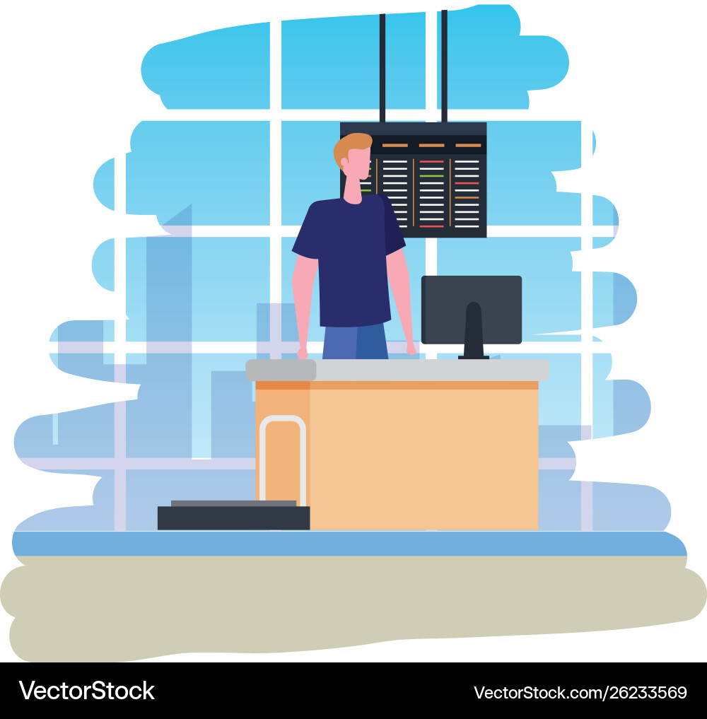 Man working in airport with computer scene Man working in airport with computer scene Vector Image