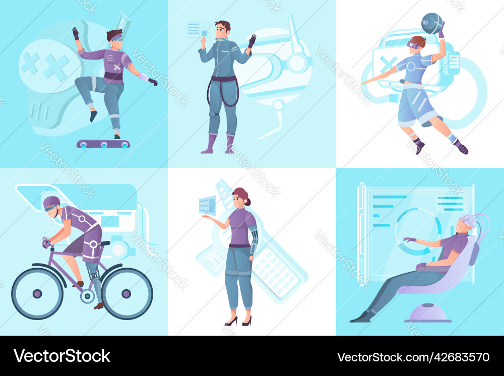 Cyberpunk square compositions set Cyberpunk square compositions set Vector Image