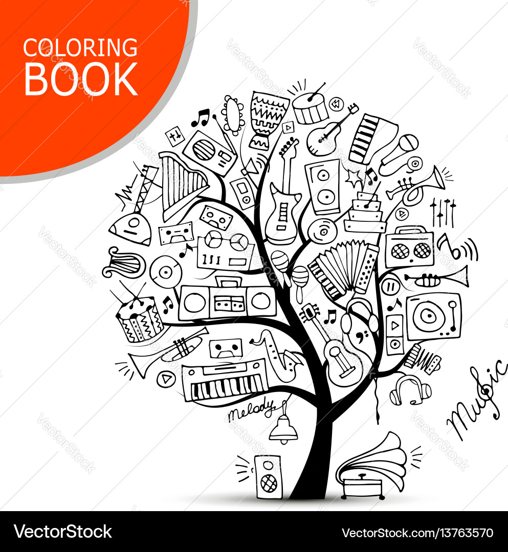 Music instruments tree sketch for your design Music instruments tree sketch for your design vector image