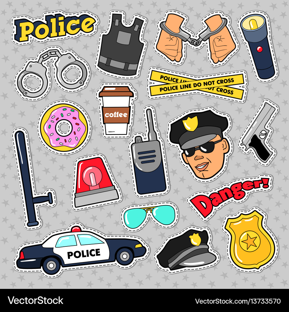 Police security stickers set with officer gun Police security stickers set with officer gun vector image