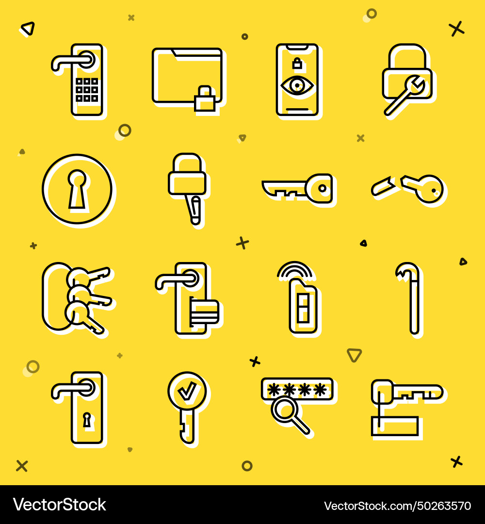 Set line marked key crowbar broken eye scan lock Set line marked key crowbar broken eye scan lock vector image