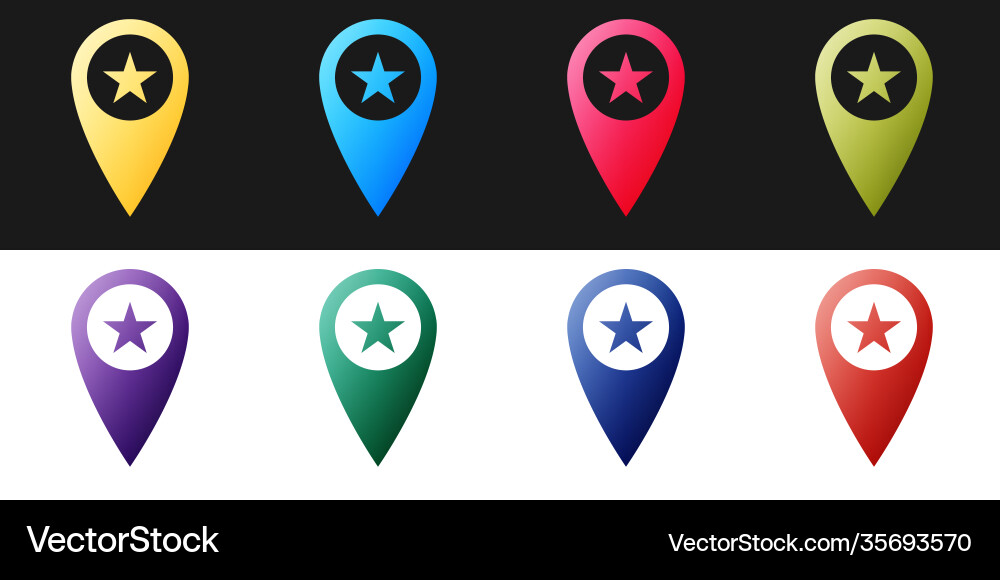 Set map pointer with star icon isolated on black Set map pointer with star icon isolated on black vector image