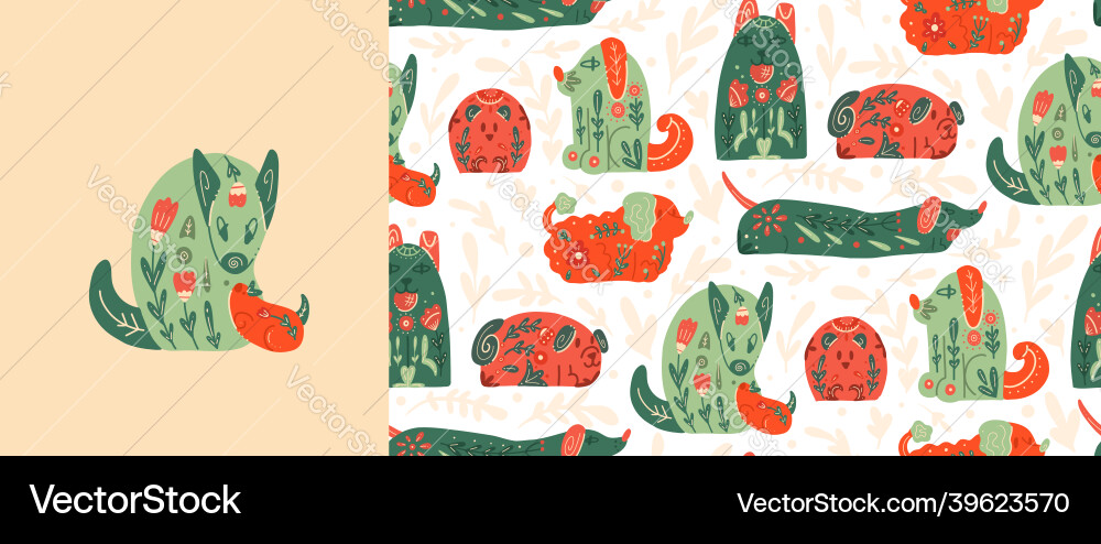 Set of card and seamless pattern with stylized Set of card and seamless pattern with stylized vector image