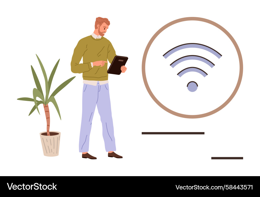 Man Using Tablet with Wireless Signal Vector Image