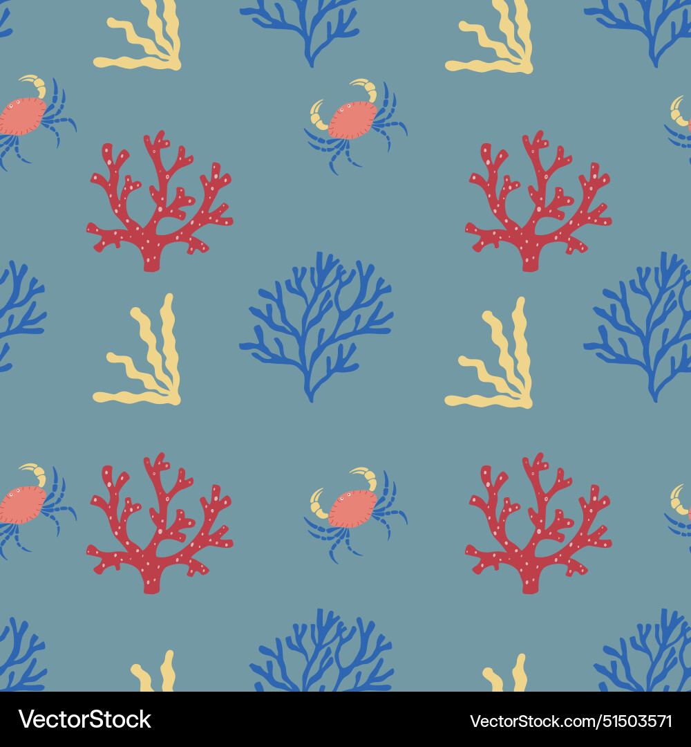 Seamless pattern with crab and seaweeds vector image