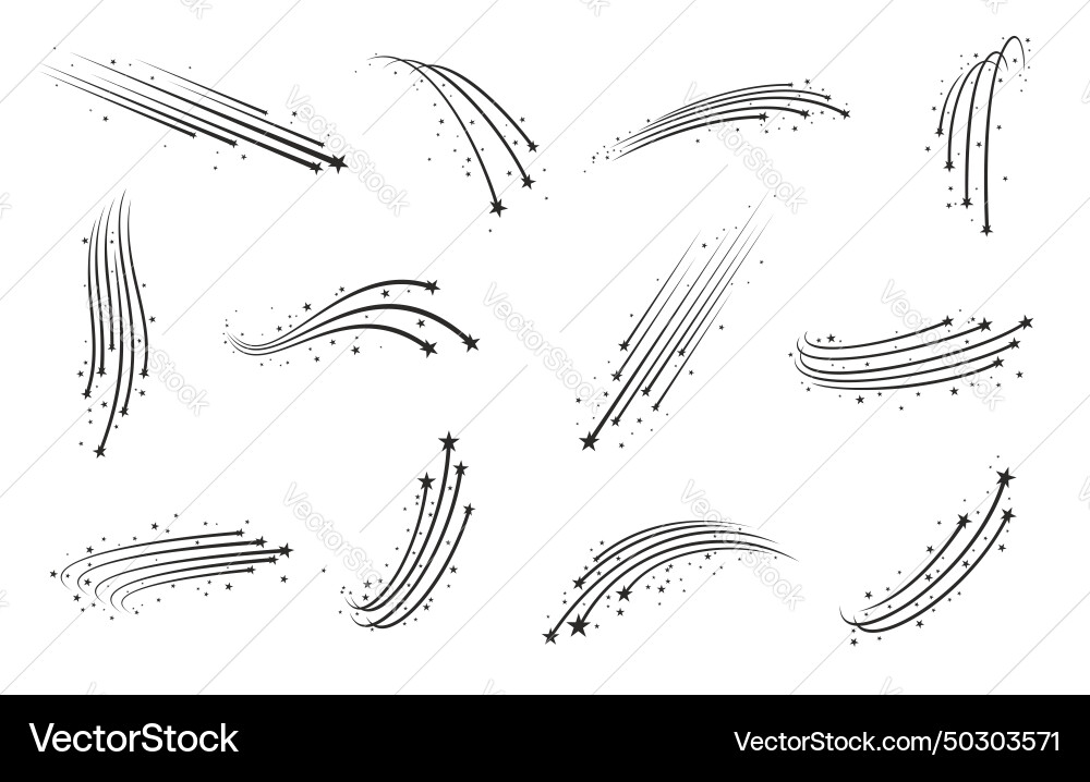 Shooting stars falling comets with trails tails Shooting stars falling comets with trails tails vector image