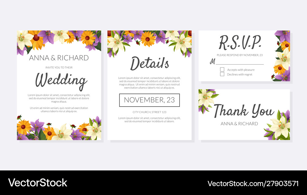 Wedding invitation template set thank you rsvp Wedding invitation template set thank you rsvp vector image